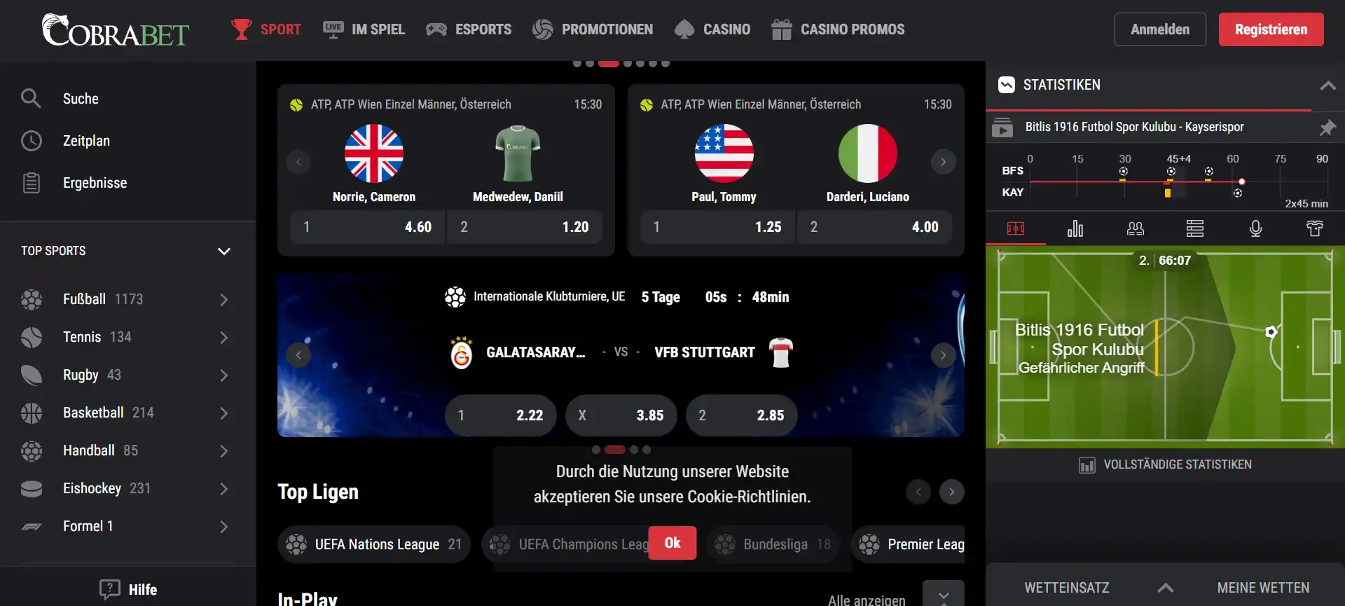 Sportwettenoberfläche mit Spielauswahl, Sportarten und Wettquoten