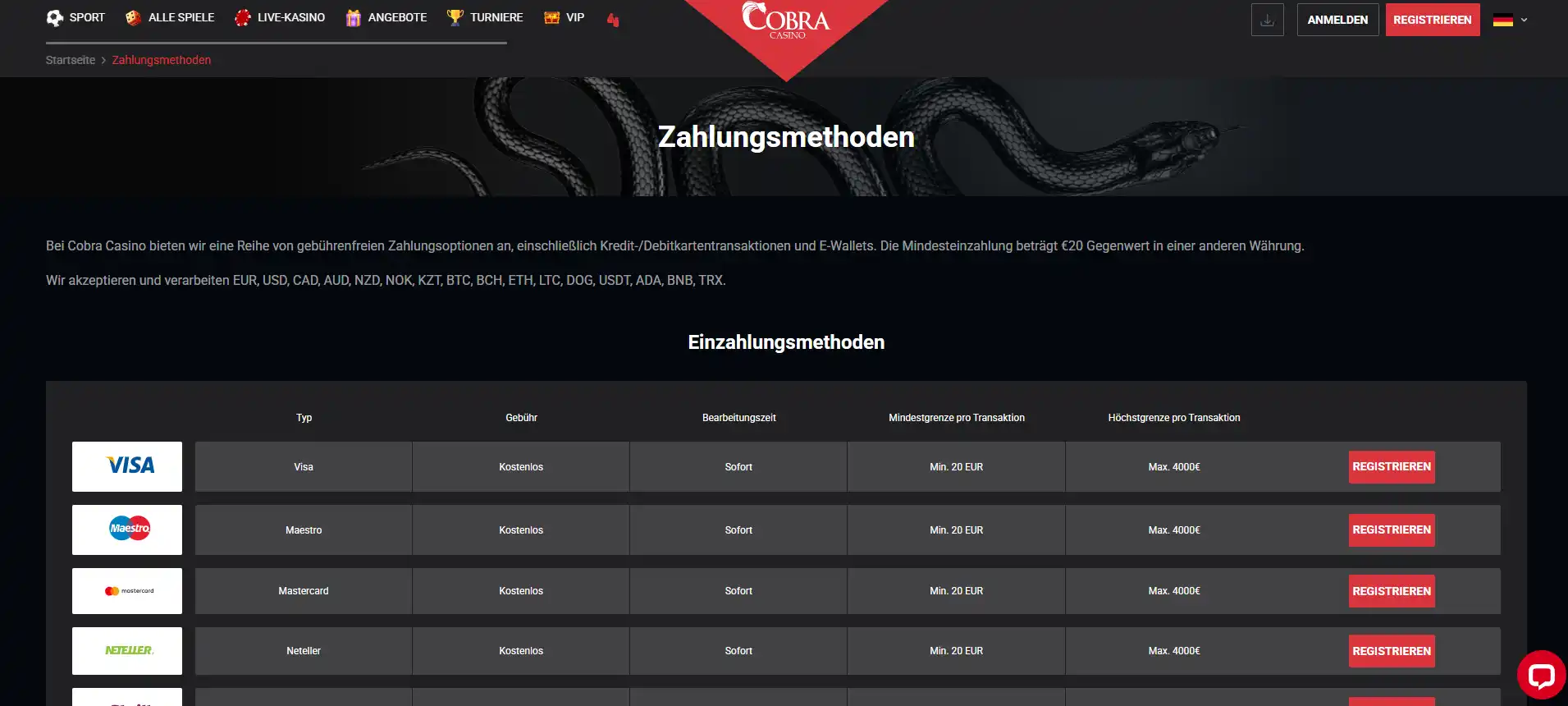 Zahlungstabelle mit Karten, elektronischen Geldbörsen und verfügbaren Transaktionsarten