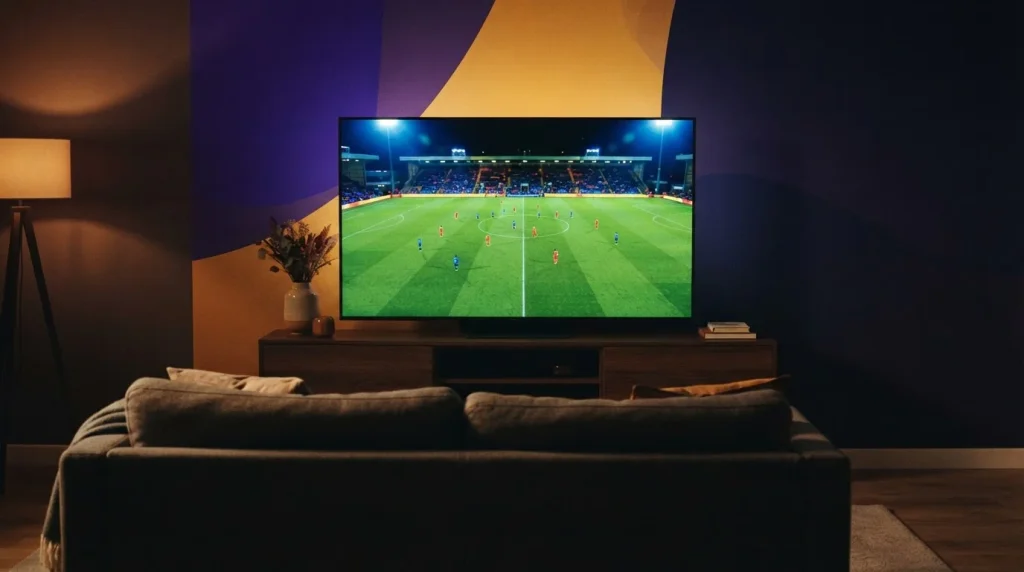 Fernsehgerät mit laufendem Sportereignis auf einem Tisch vor einer dunklen Wand