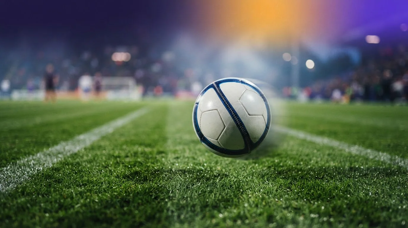 Fußball in der Luft über dem Rasen eines Sportplatzes