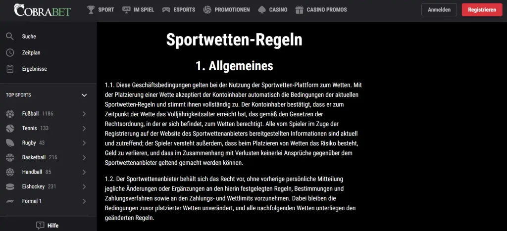 Regelbereich des Sportwettenangebotes mit Fußballmärkten und Wettbedingungen