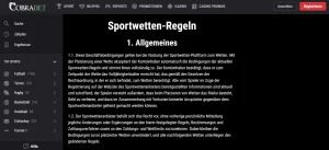 Regelbereich des Sportwettenangebotes mit Fußballmärkten und Wettbedingungen