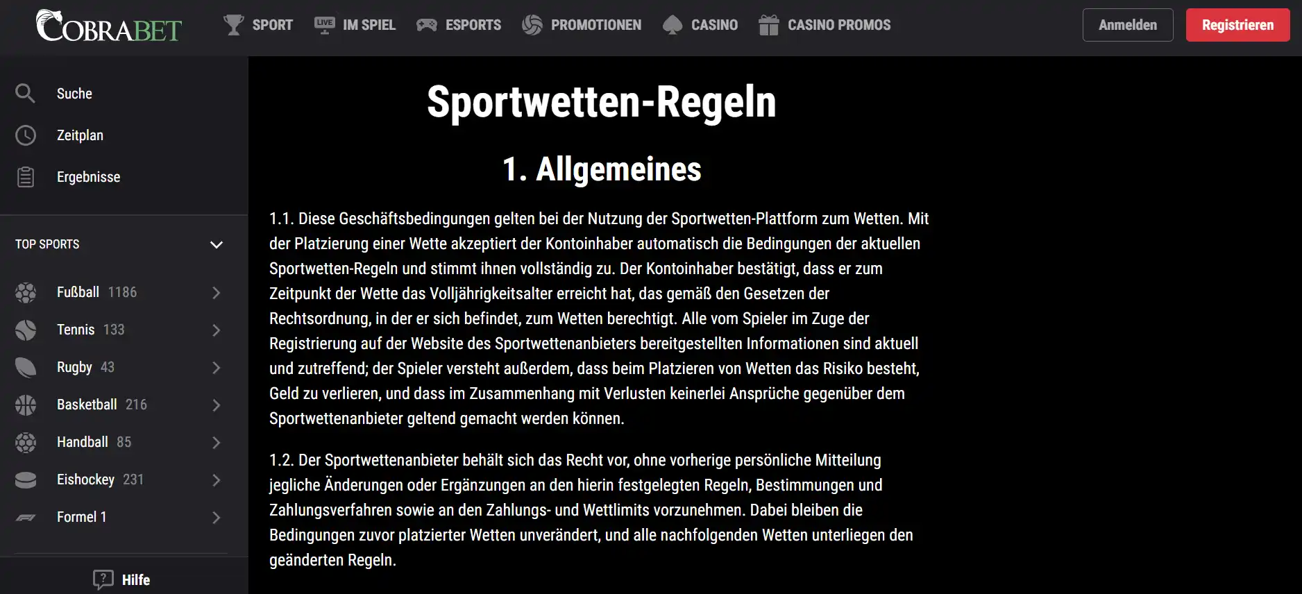 Regelbereich des Sportwettenangebotes mit Fußballmärkten und Wettbedingungen