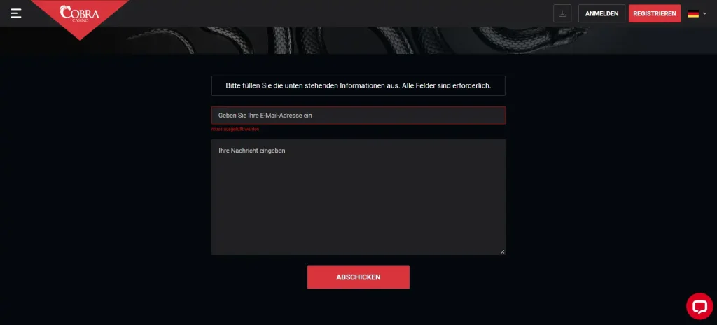 Supportbereich von Cobra Casino mit Kontaktformular und Hilfethemen