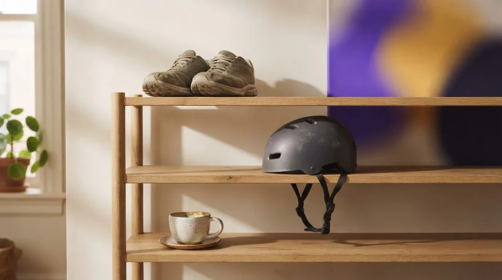 Sportschuhe, Fahrradhelm und Kaffeetasse nebeneinander in einem ruhigen Raum