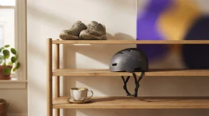 Sportschuhe, Fahrradhelm und Kaffeetasse nebeneinander in einem ruhigen Raum